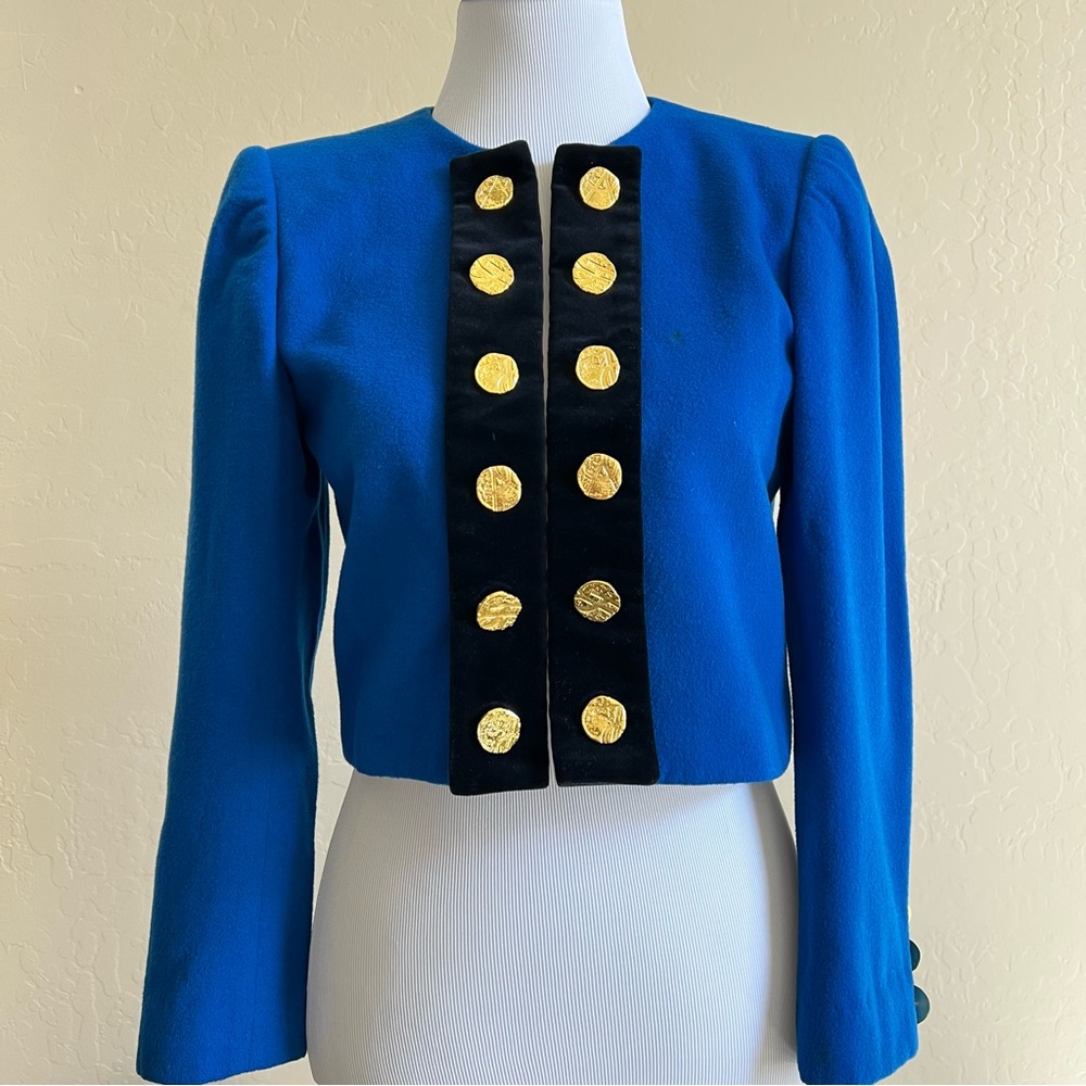 Yves Saint Laurent Vintage Blue Wool/Velvet Gold Buttons Jacket M